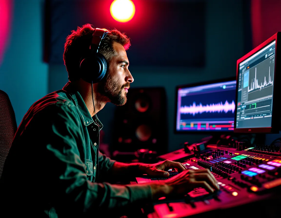 An engineer at the console reviewing a waveform in headphones