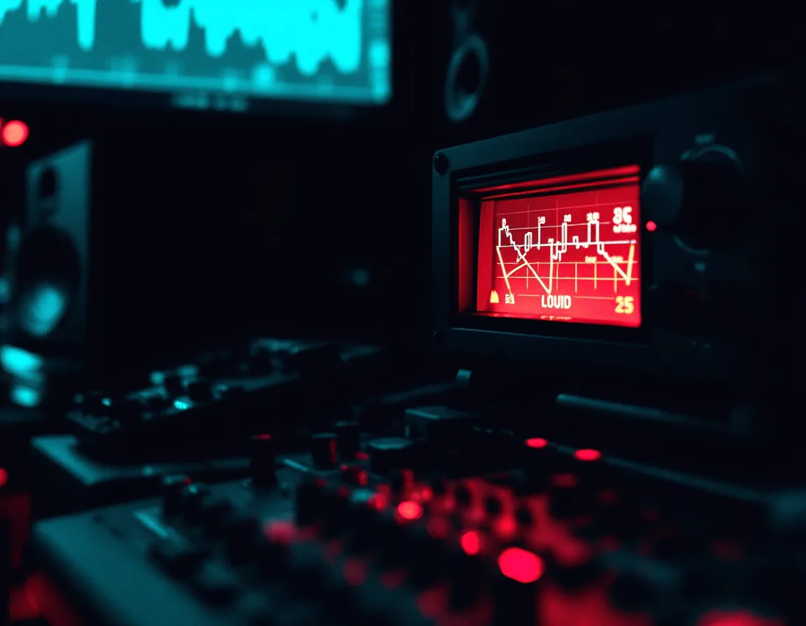 Studio monitors and loudness metering on a dark mixing desk