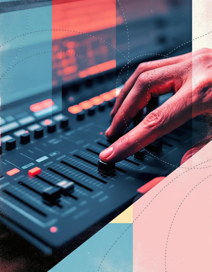 An engineer's hands adjusting a fader on a mixing console