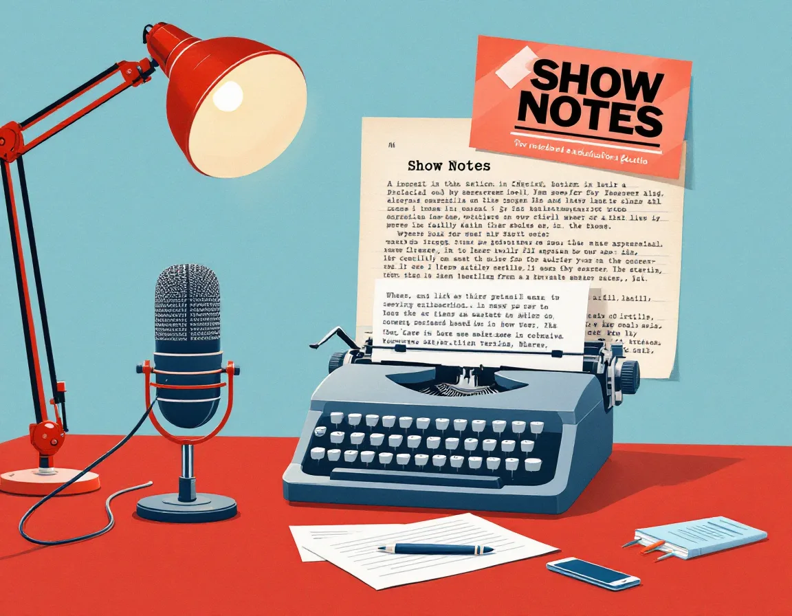 Written show notes and transcript beside a microphone